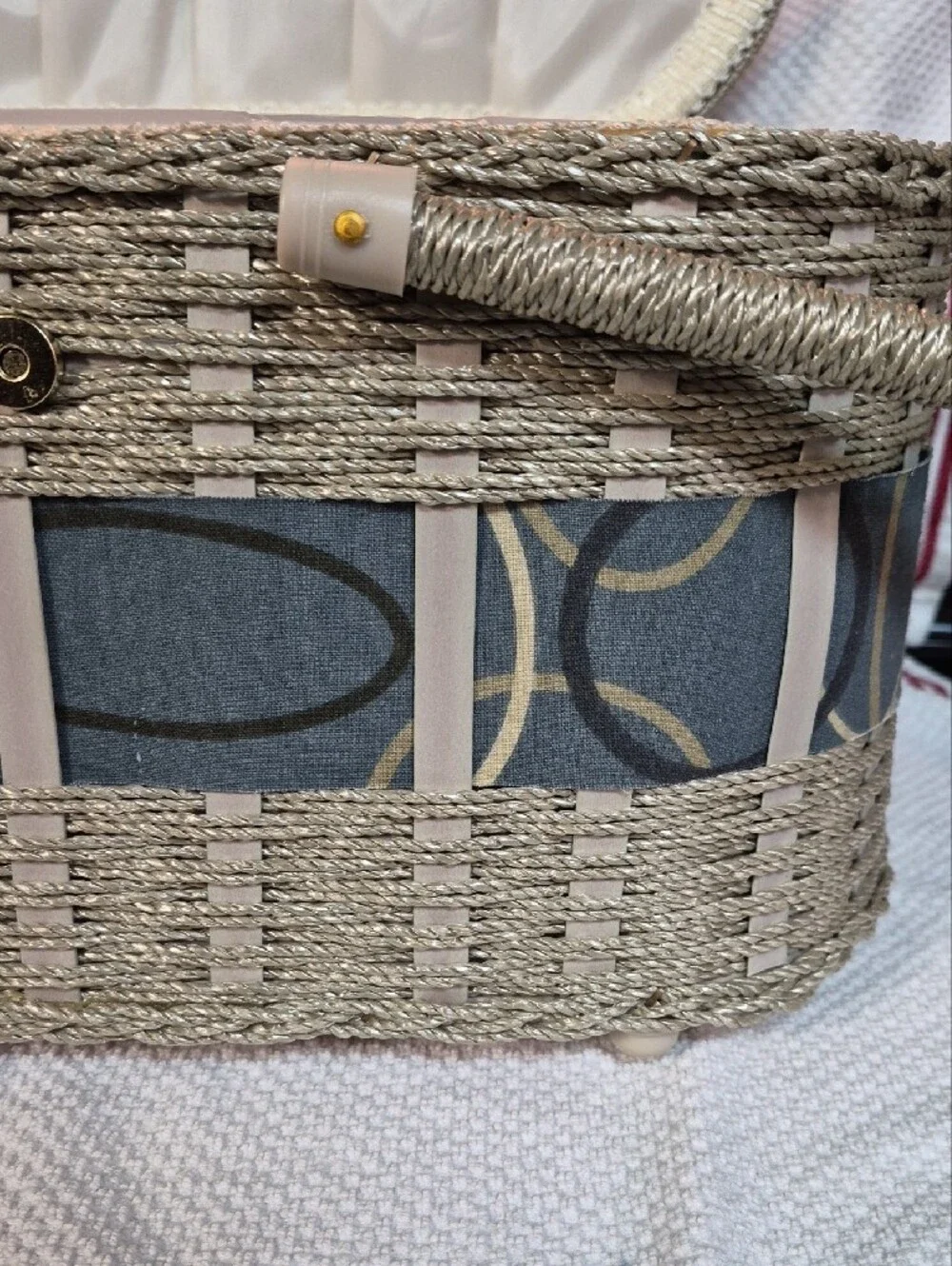 Woven Decorative Sewing Basket with Blue Pattern and Cream Trim Wooden Bottom